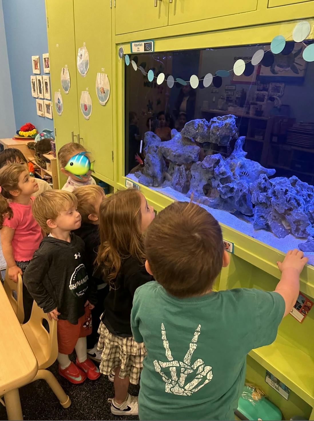 Group of children looking at fish in a classroom aquarium