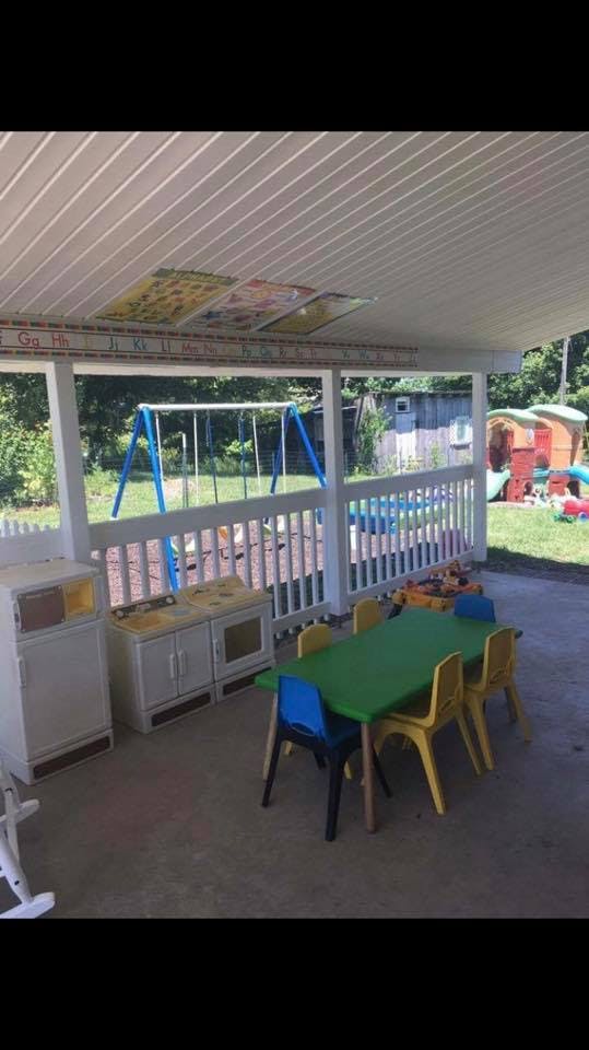 Outdoor patio with children's table and chairs, playground in background