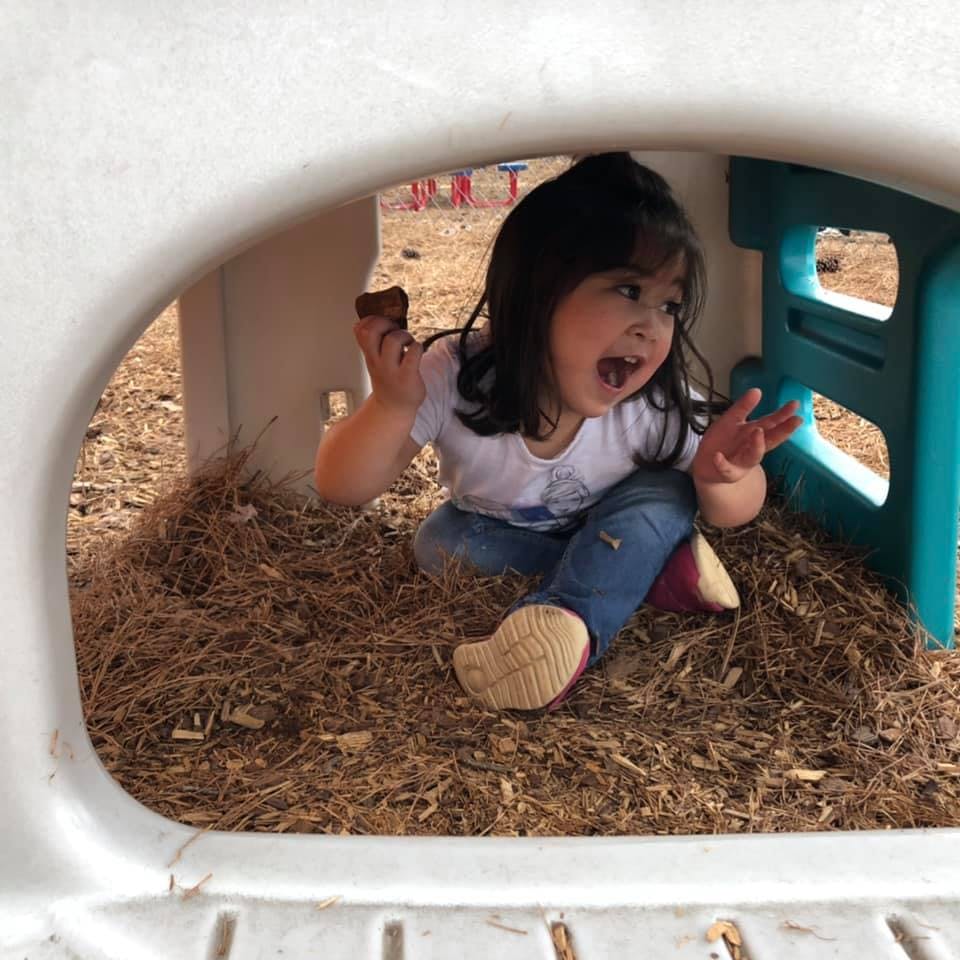 Child in a play structure with wood chips on the ground