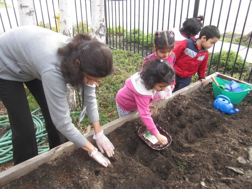 Adult and children planting in a garden bed