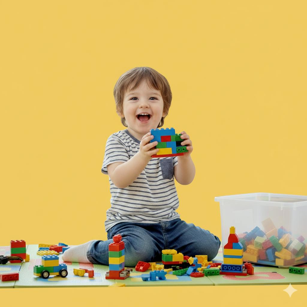 Child playing with colorful building blocks