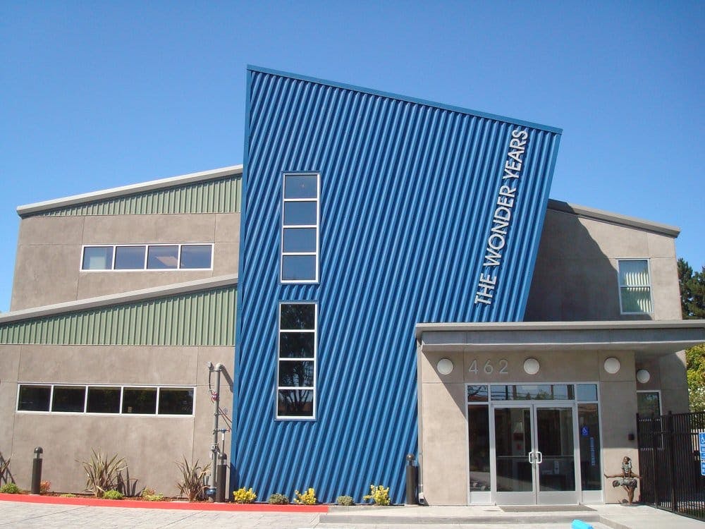 Building with blue corrugated facade and text "THE WONDER YEARS"