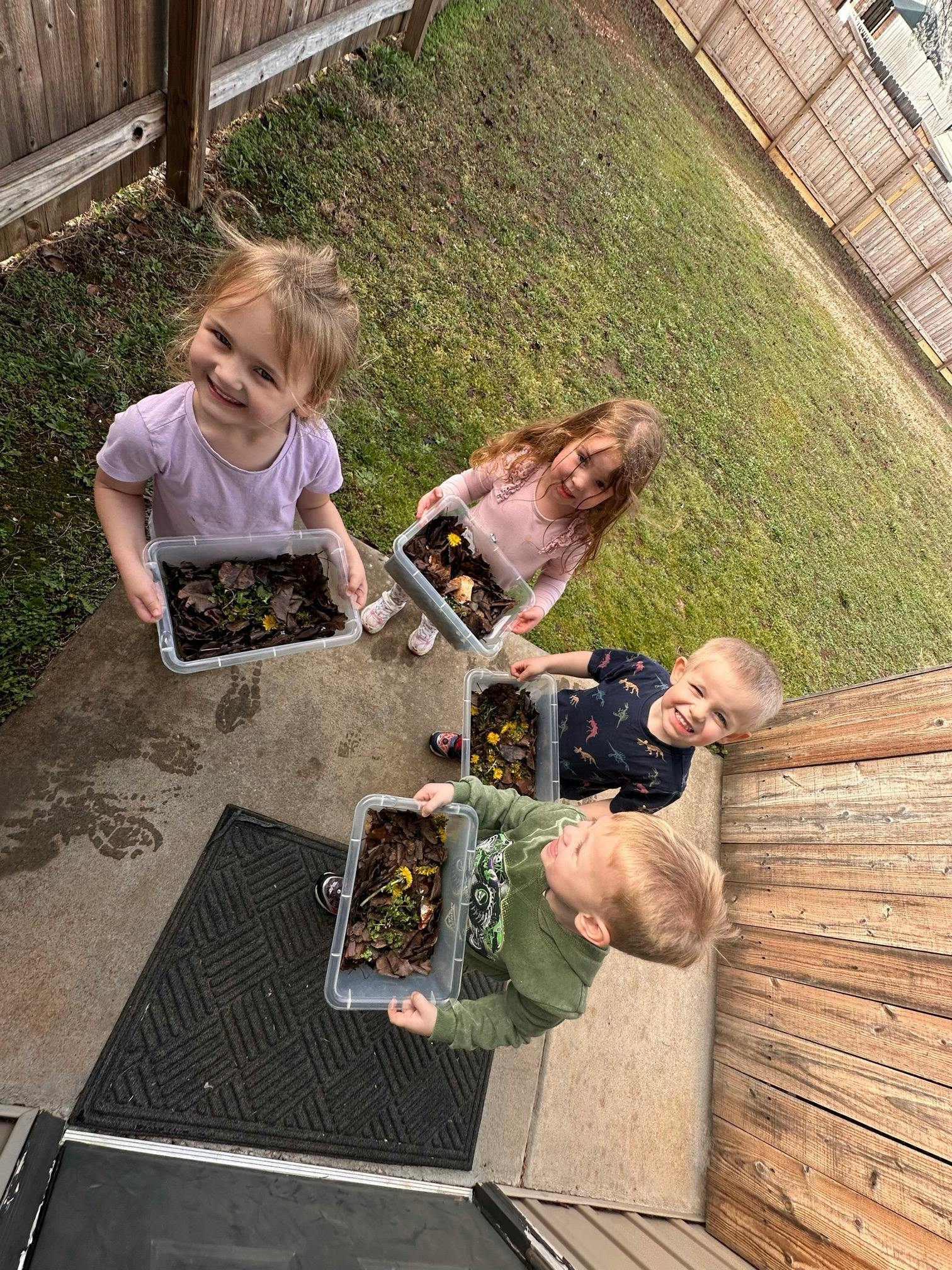 Four children holding clear containers filled with leaves and dandelions
