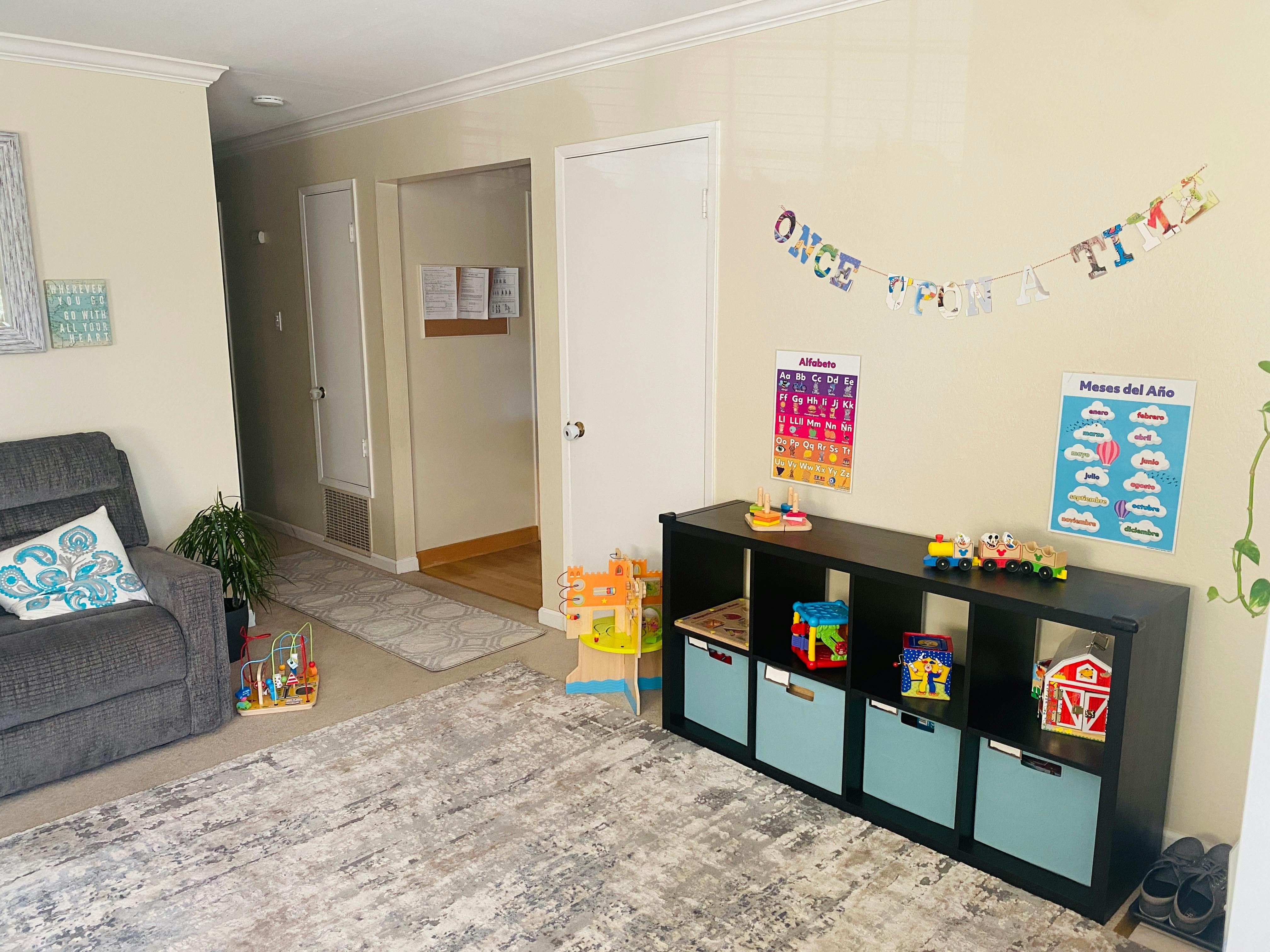 Living room with a gray couch and a black storage unit with toys