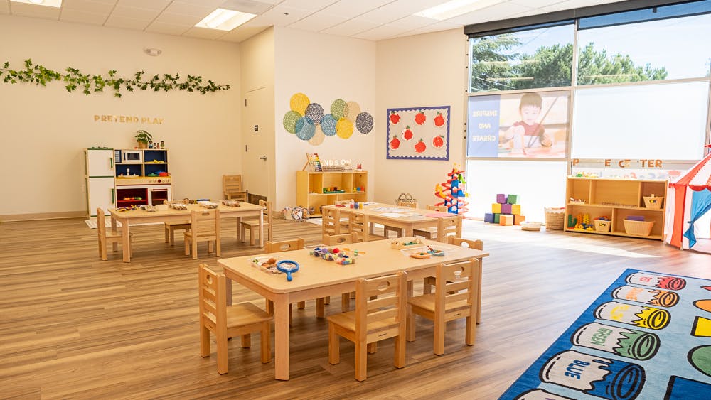 Empty classroom with small tables and chairs