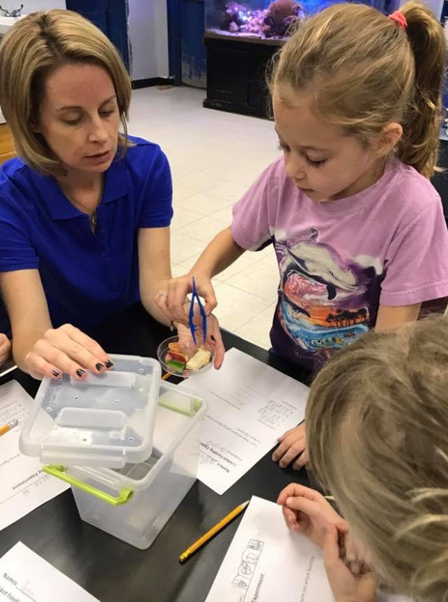 Adult and child at a table, child using tweezers to pick up items from a bowl
