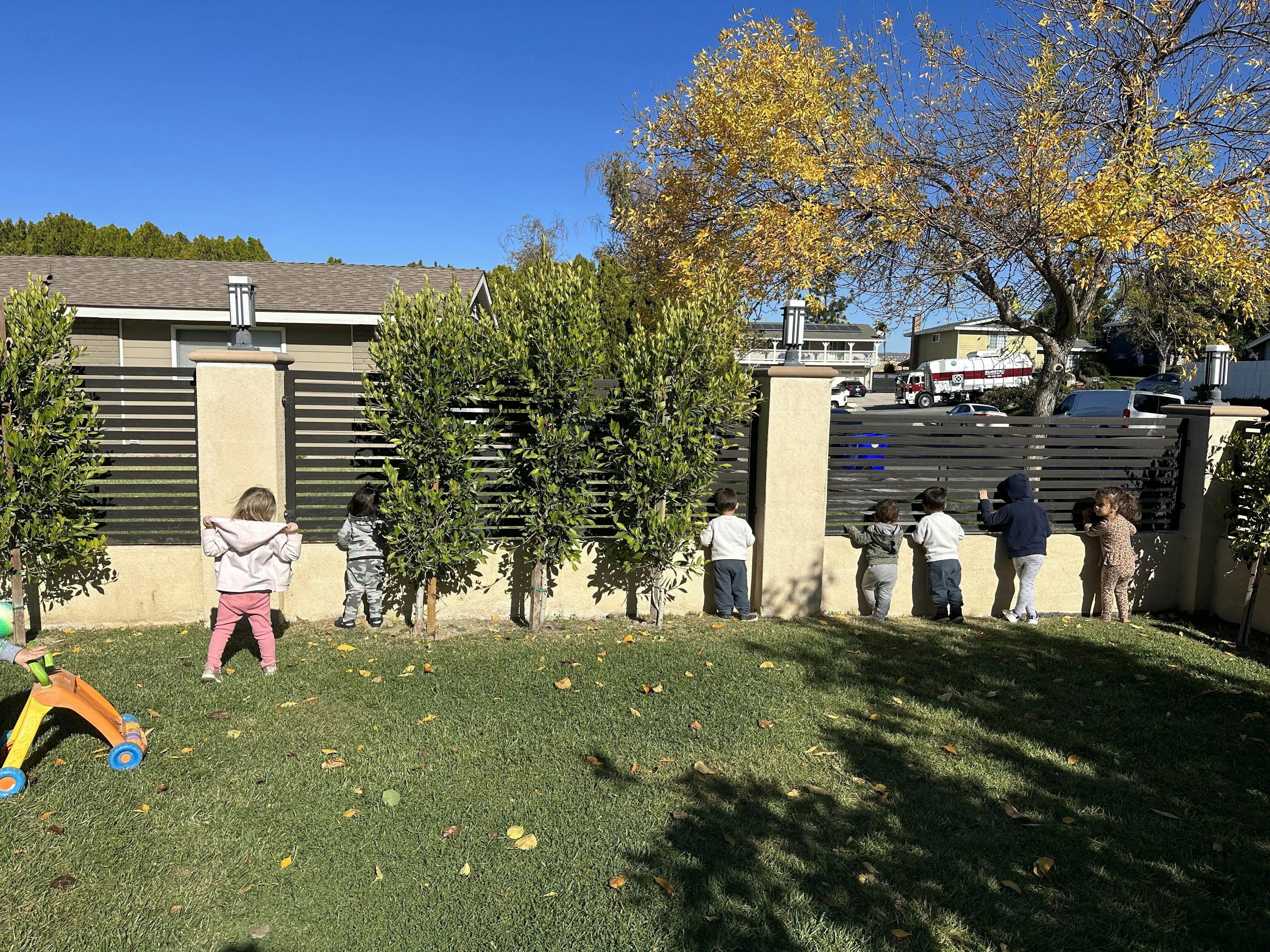 Group of children standing at a fence, looking through gaps