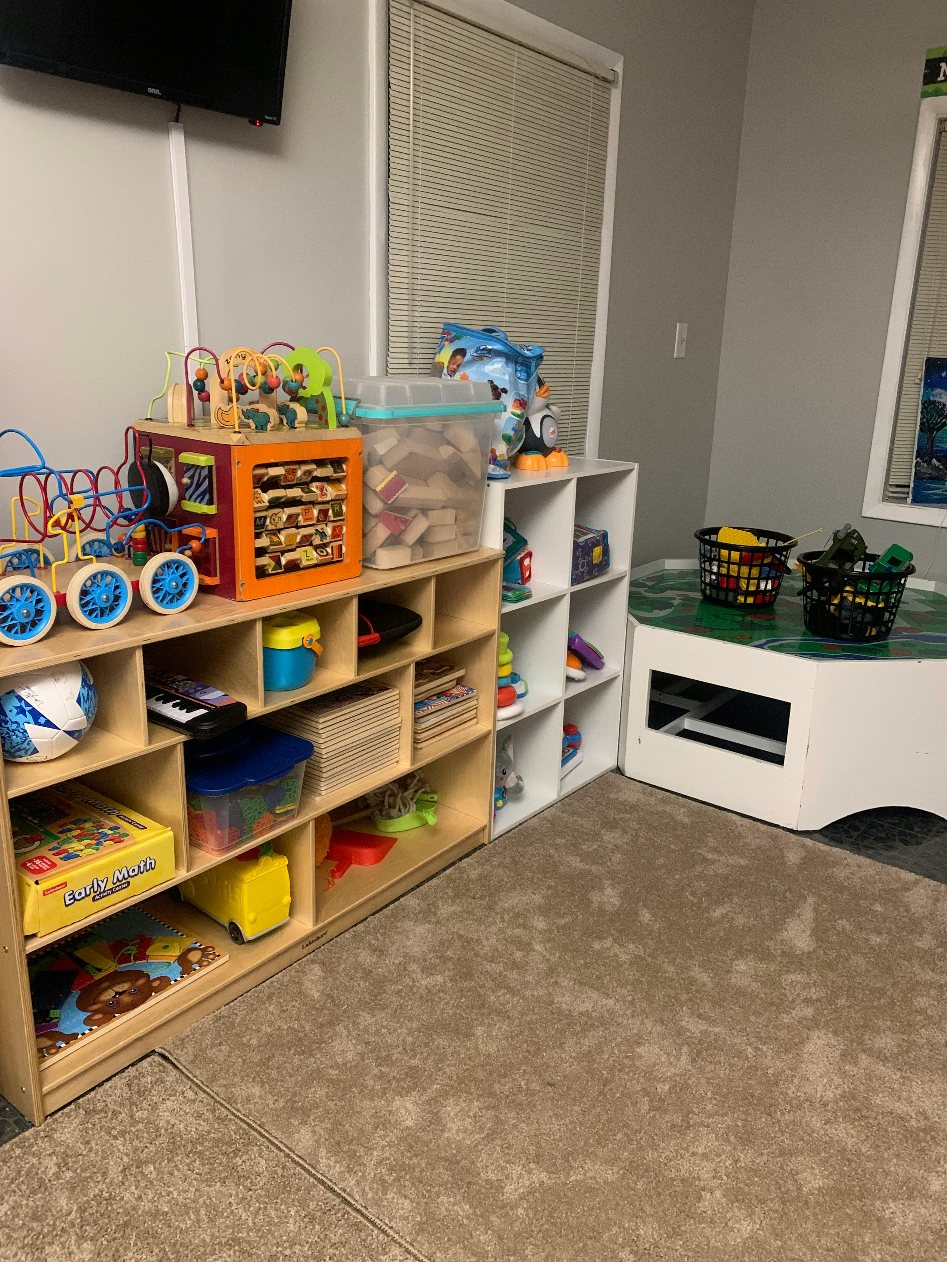 Shelves filled with toys and books in a room