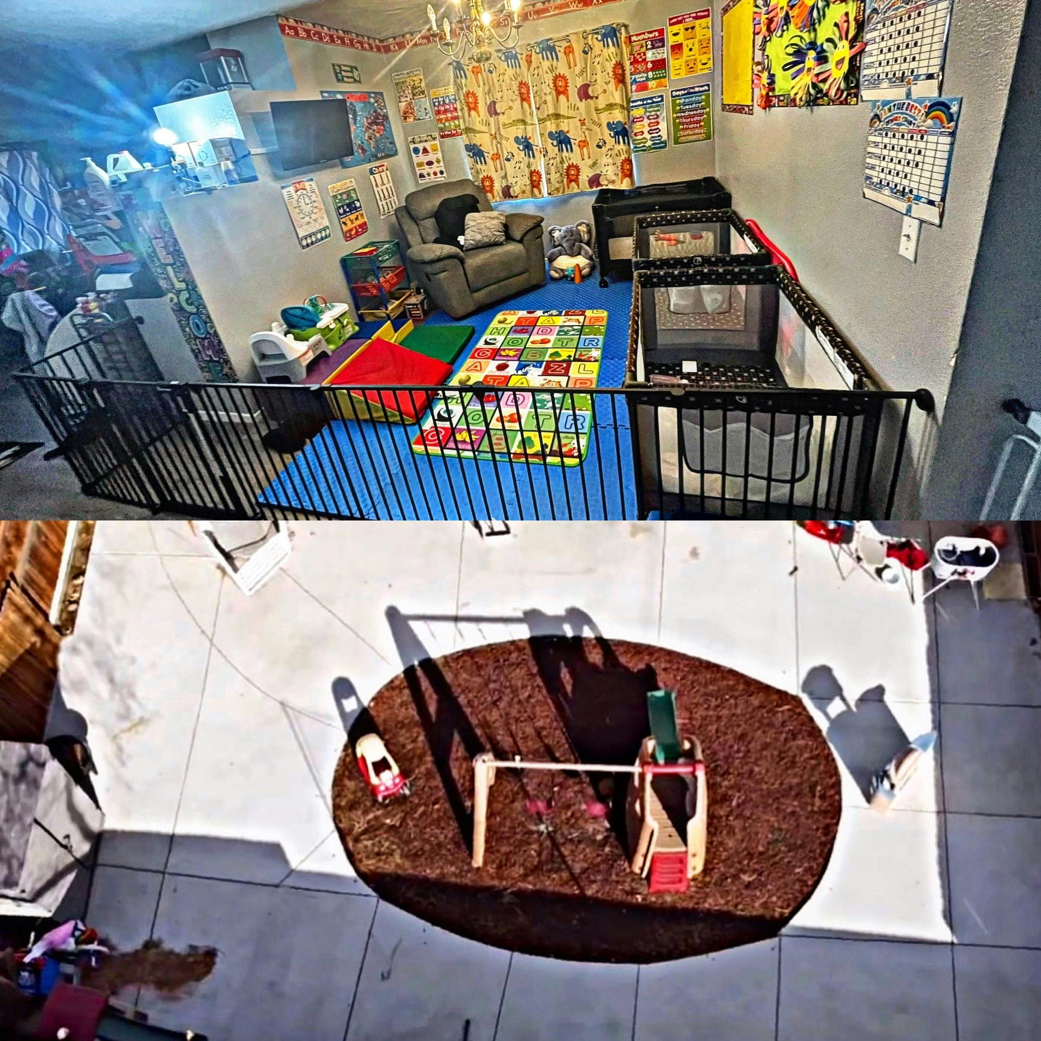 Indoor play area with cribs and outdoor play area with swing set