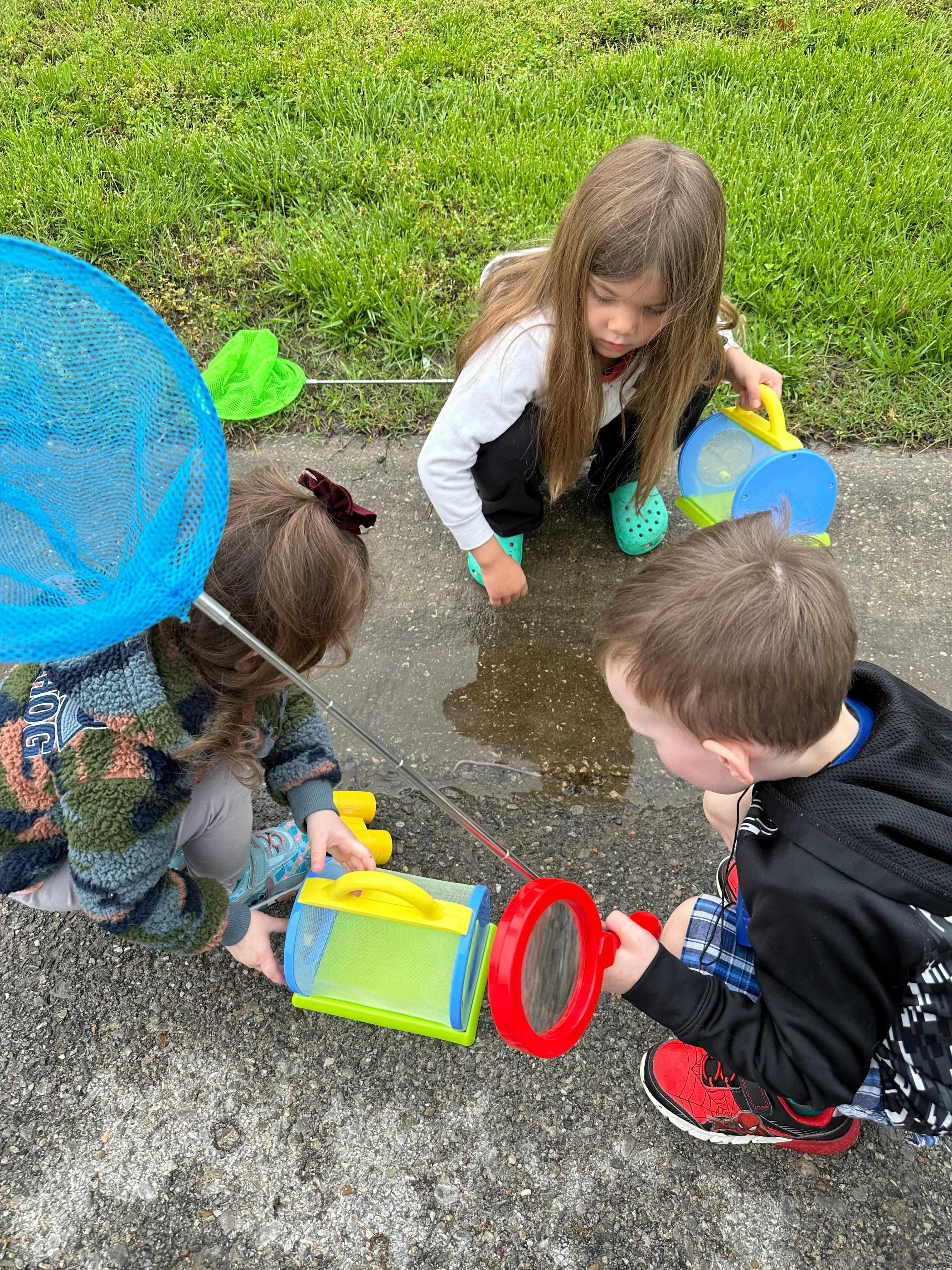 Three children playing with bug-catching tools around a puddle