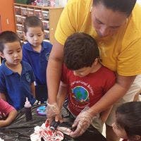Adult helping children with an art project