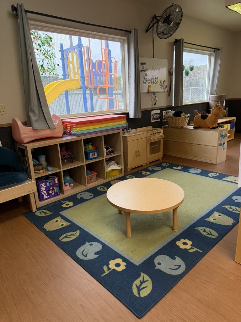 Playroom with a rug, small table, and shelves of toys, playground visible outside