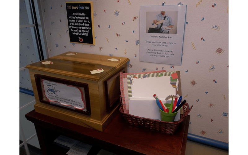 Children's mail box area with a wooden box, paper, and pens