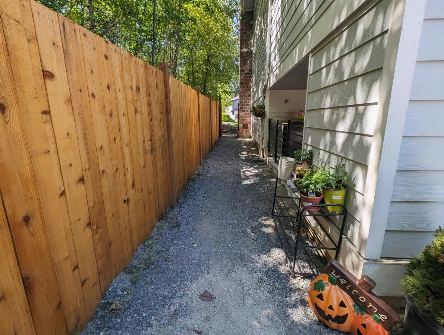 Narrow gravel path between a wooden fence and a building