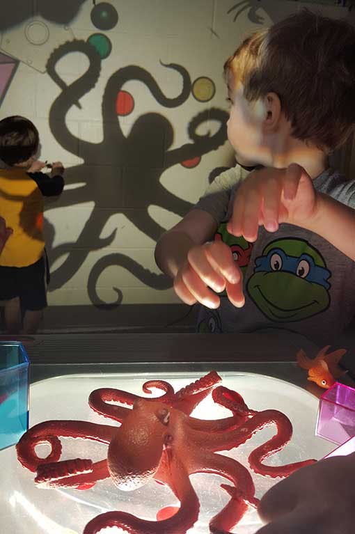 Two children playing with an octopus toy and its shadow on a wall