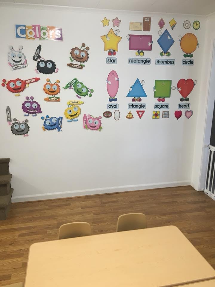 Wall decorations with cartoon characters, shapes, and the word "Colors"