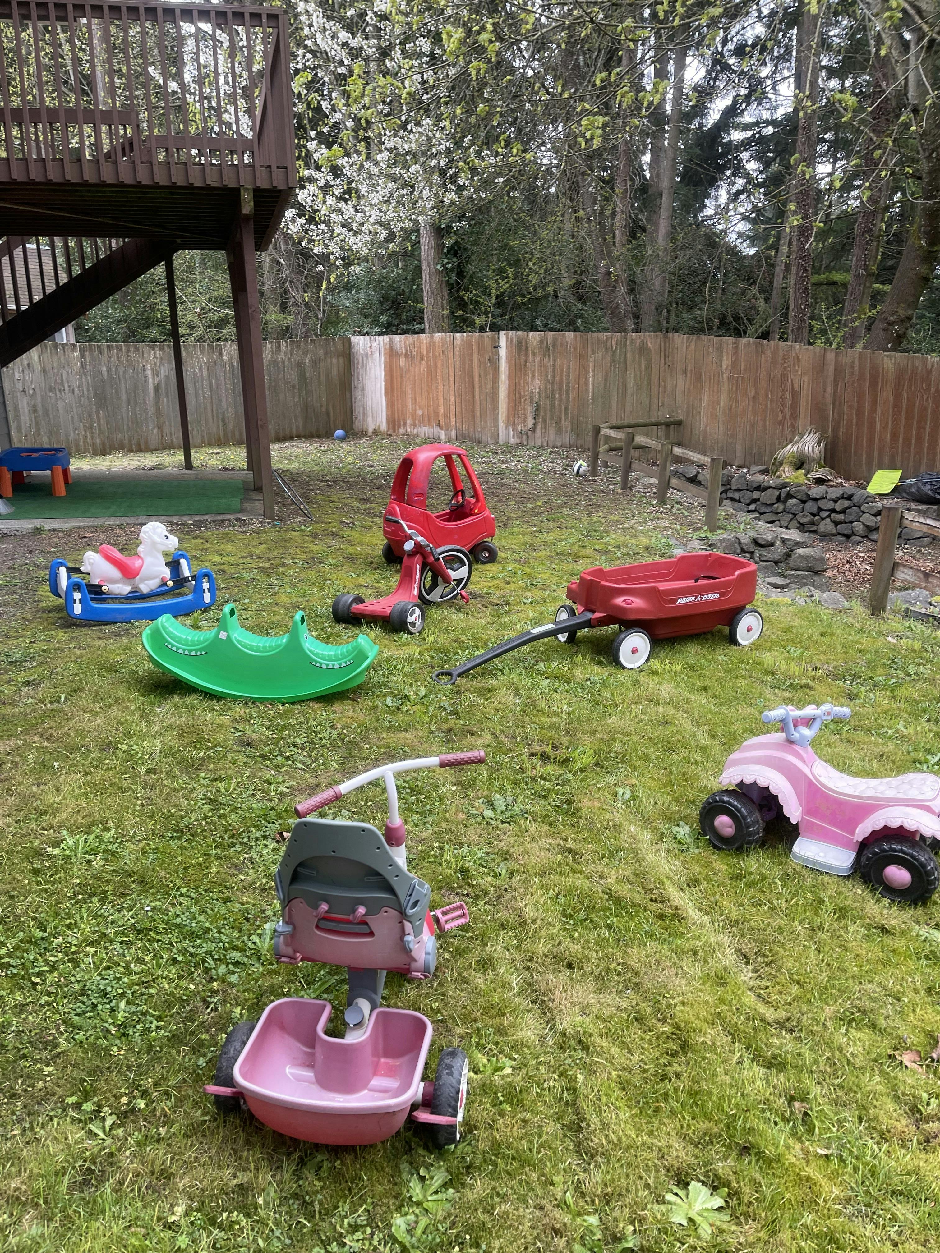 Children's ride-on toys in a grassy backyard, including a red car and wagon