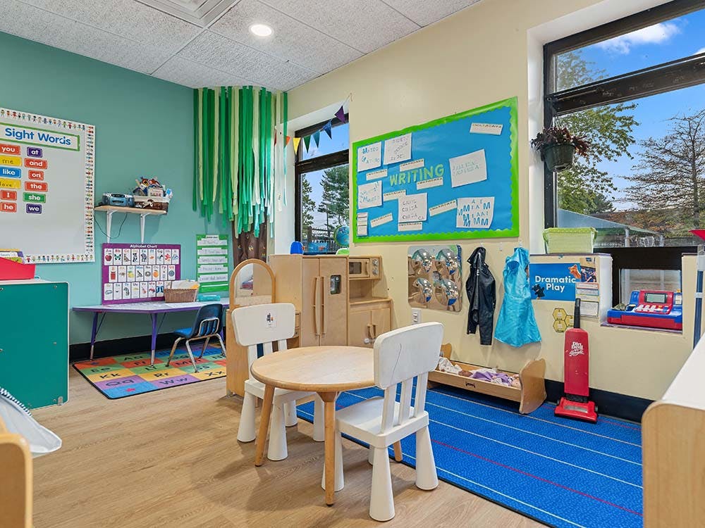 Classroom with children's tables and chairs, and a whiteboard with "Sight Words"