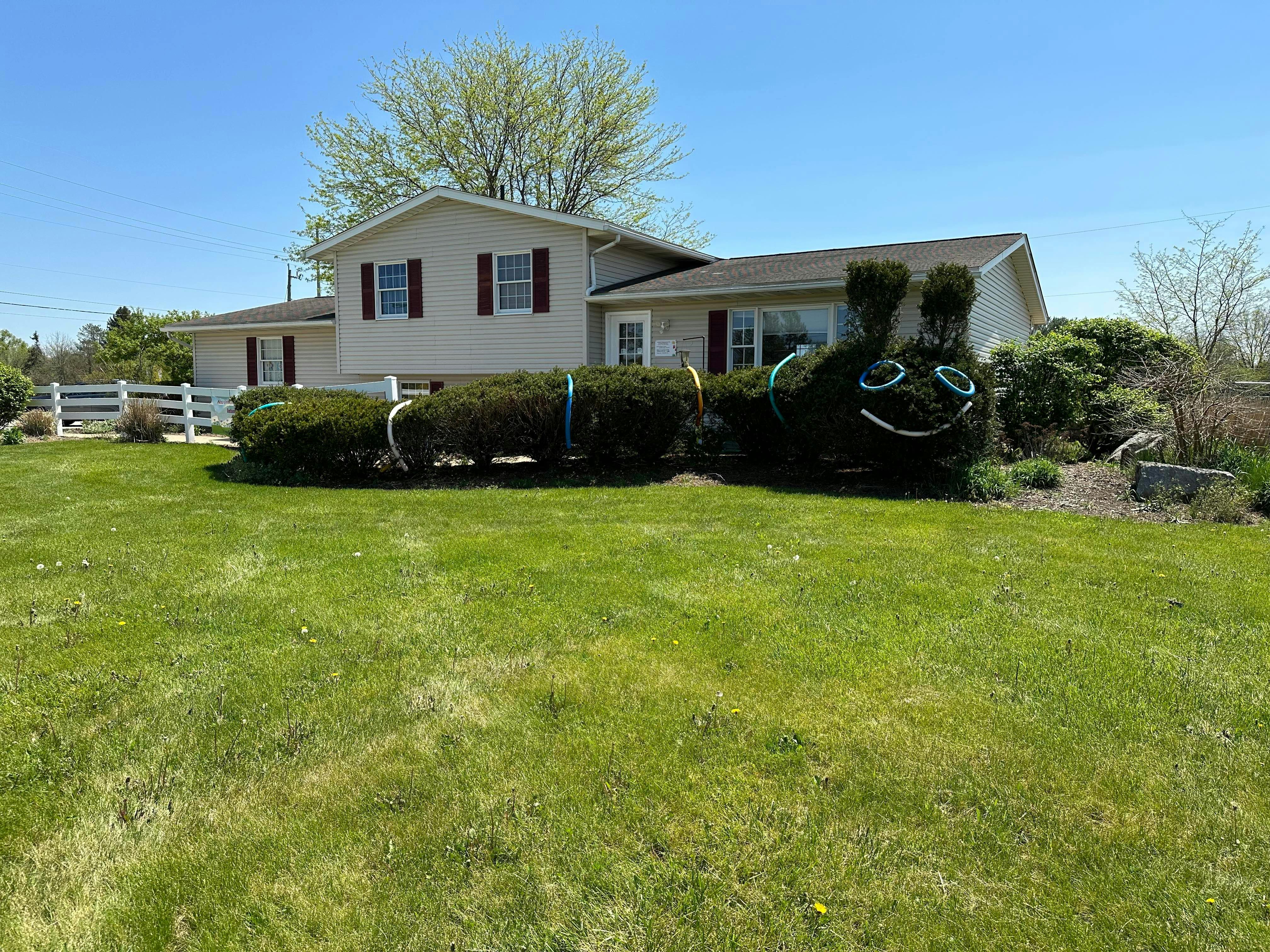 House with a caterpillar-shaped bush in front of it
