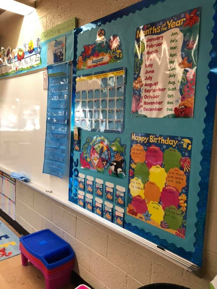 Classroom bulletin board with calendar, months of the year, and birthday chart