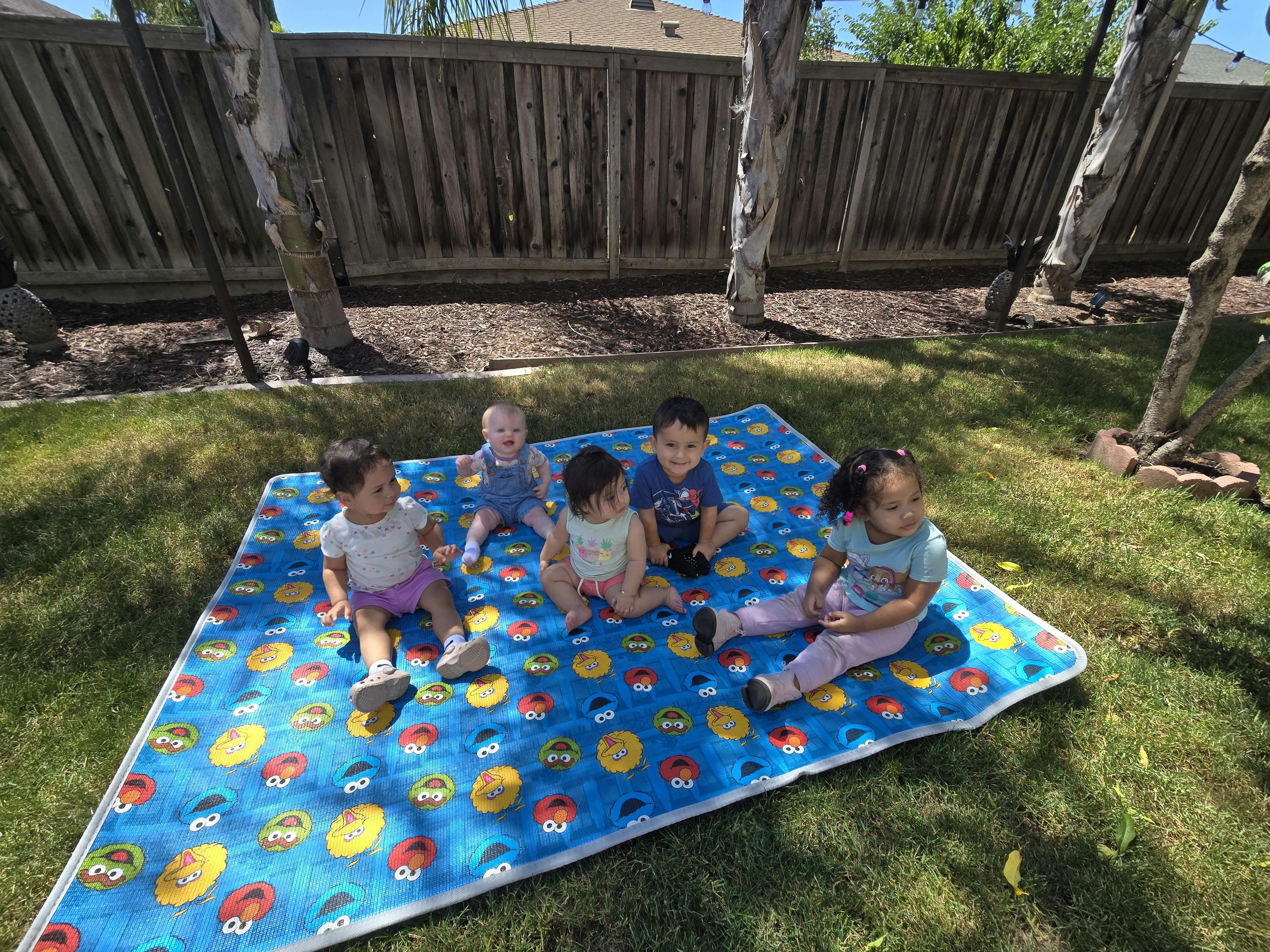 Five children sitting on a blue blanket on grass