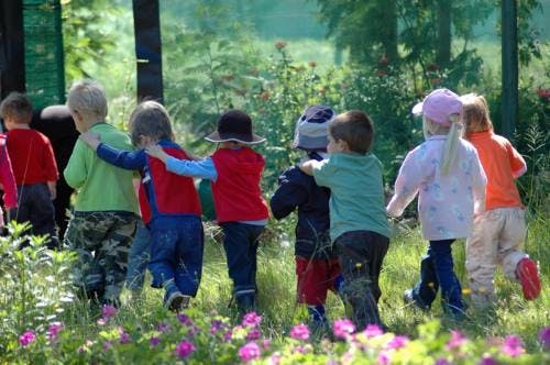 Group of children walking through a grassy area with flowers