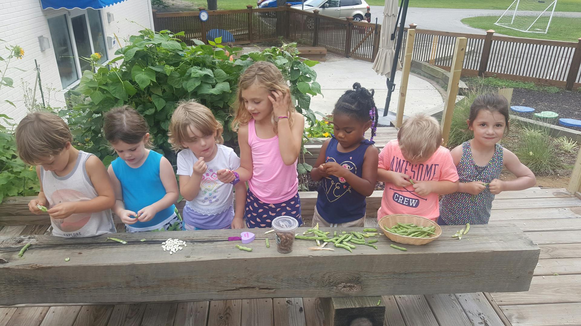 Six children standing at a wooden table, some shelling peas