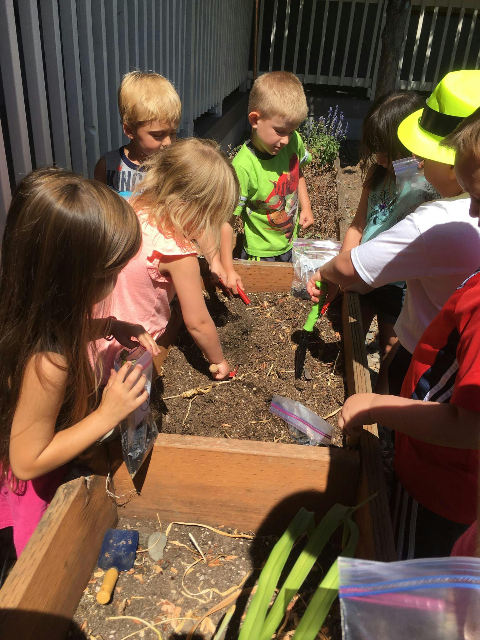 Children planting in a raised garden bed
