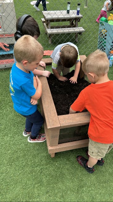 Children playing in a raised garden bed