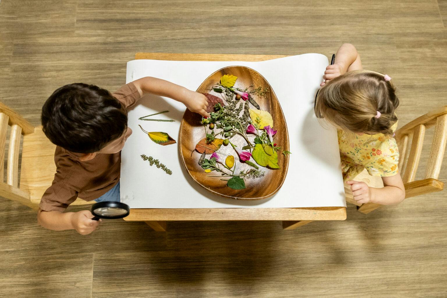 Two children at a table with a bowl of leaves and flowers