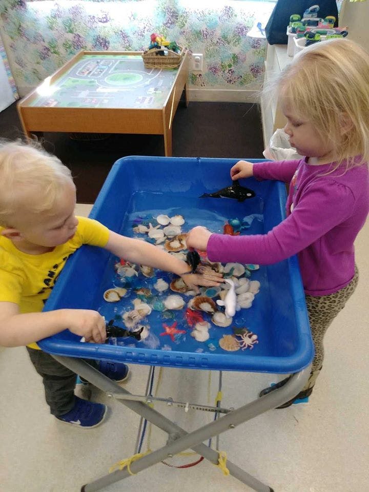 Two children playing with shells and toys in a blue water table