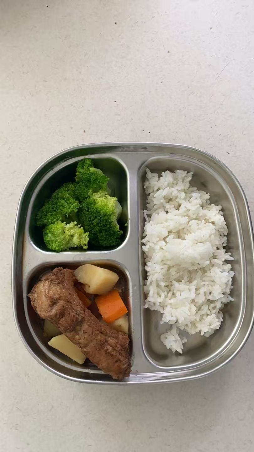 Compartmentalized metal tray with white rice, broccoli, and stewed meat