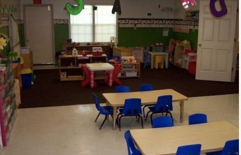 Empty classroom with small tables and chairs