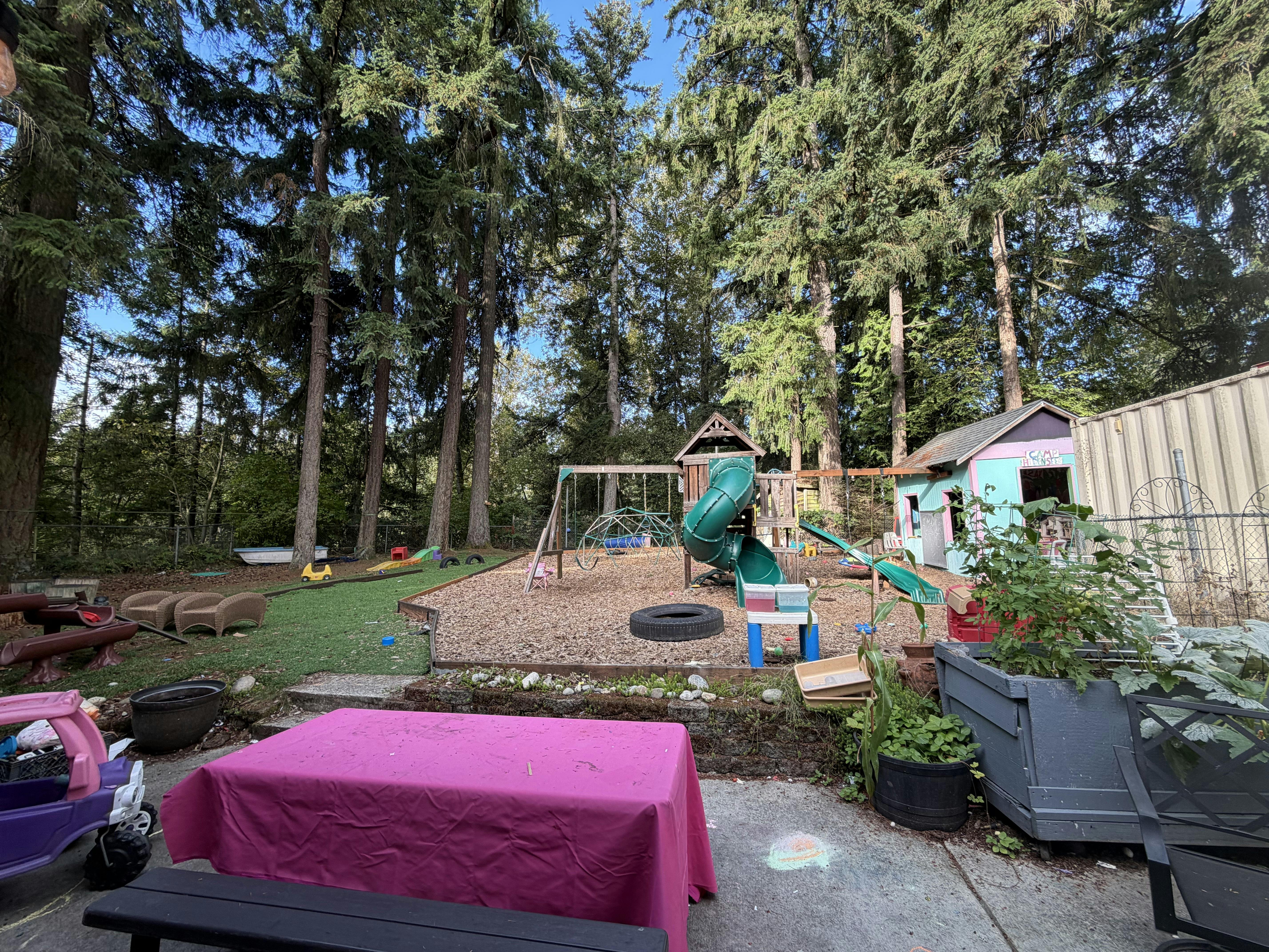 Playground area with a slide and playhouse in a wooded yard
