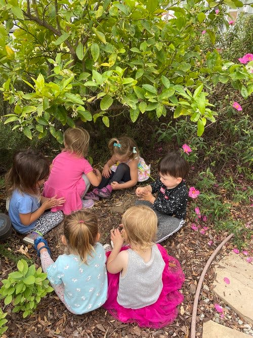 Children sitting in a circle under a bush