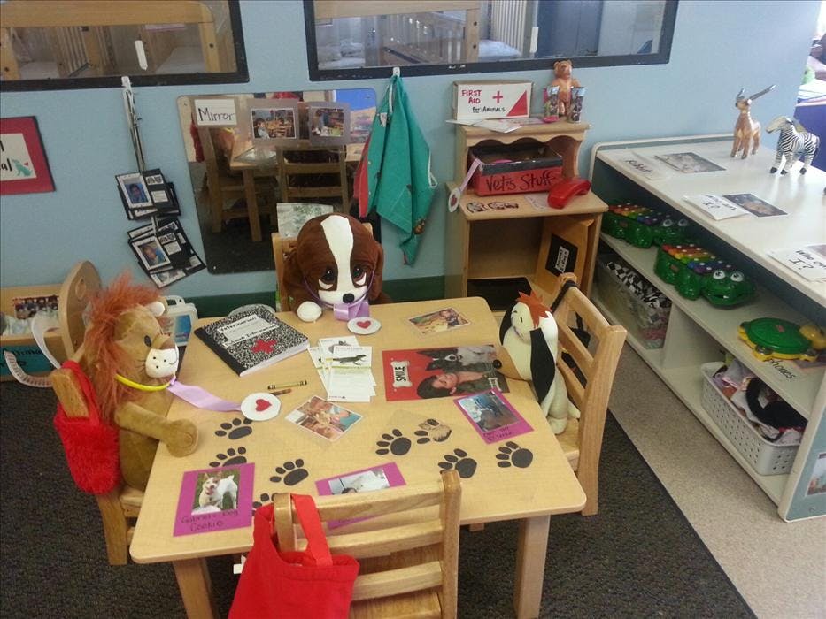 Classroom table with stuffed animals, veterinarian role-play items, and paw print decorations