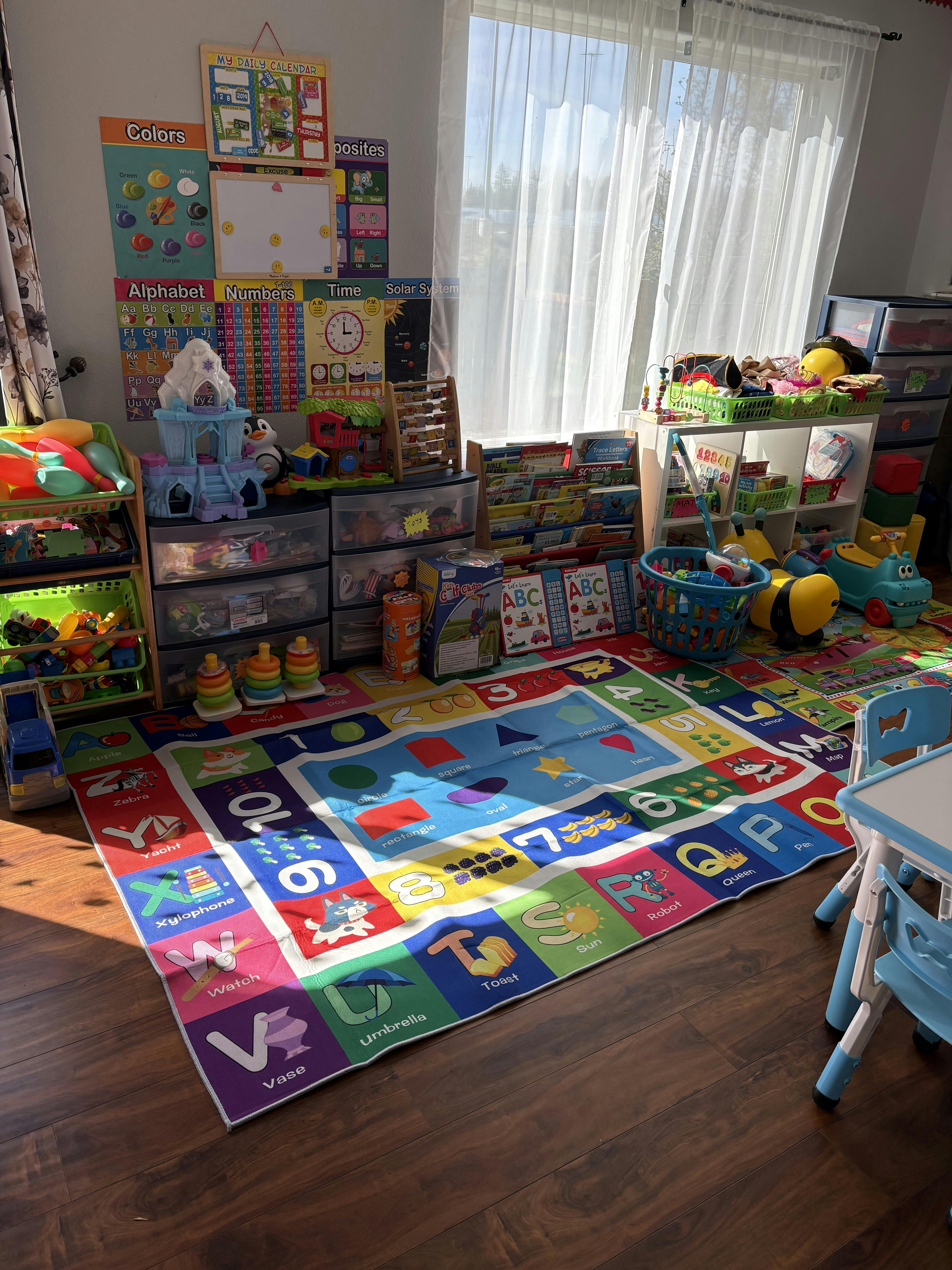 Children's play area with an ABC learning rug, toys, and educational charts