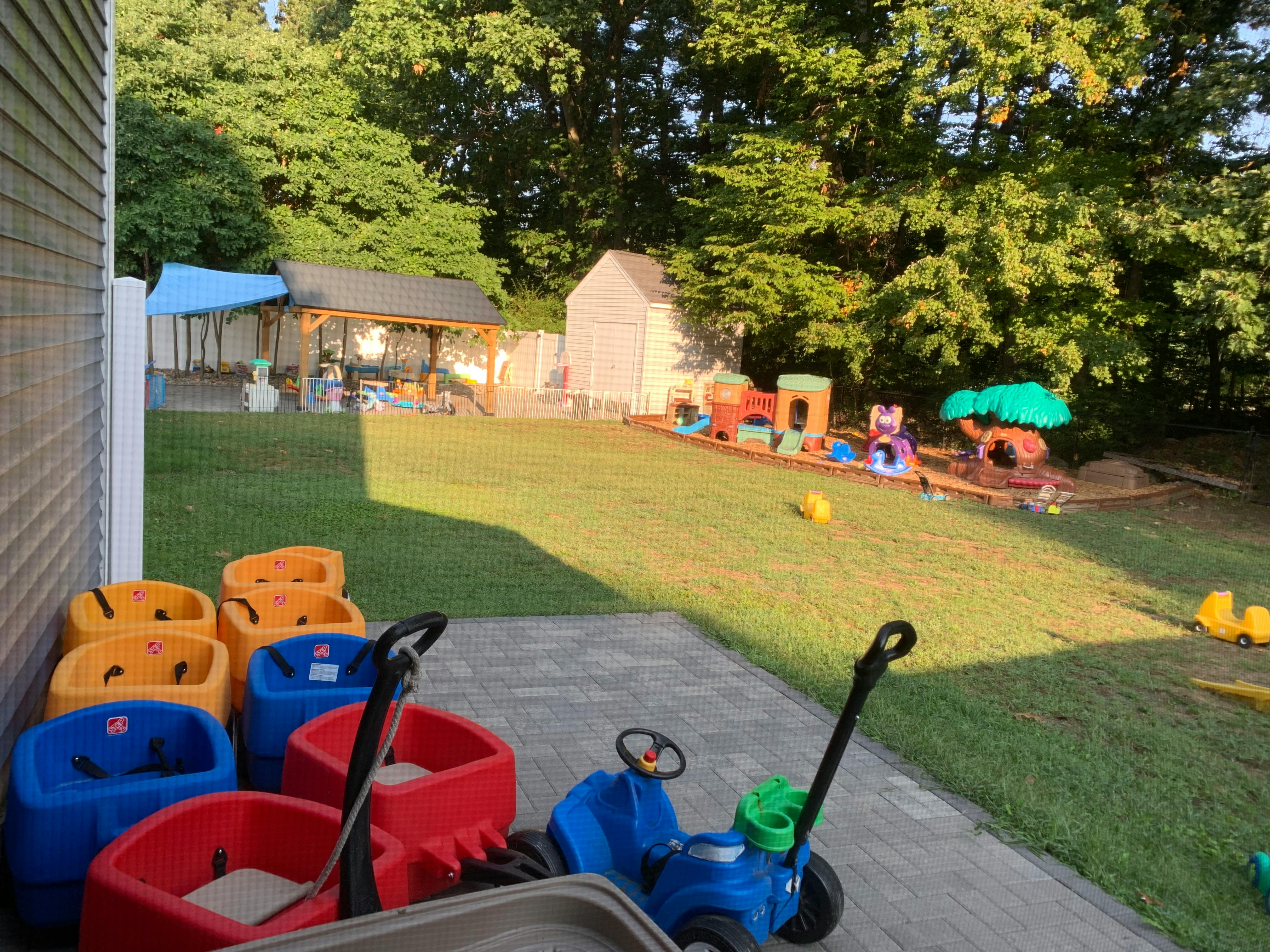 Outdoor play area with toys, a shed, and trees