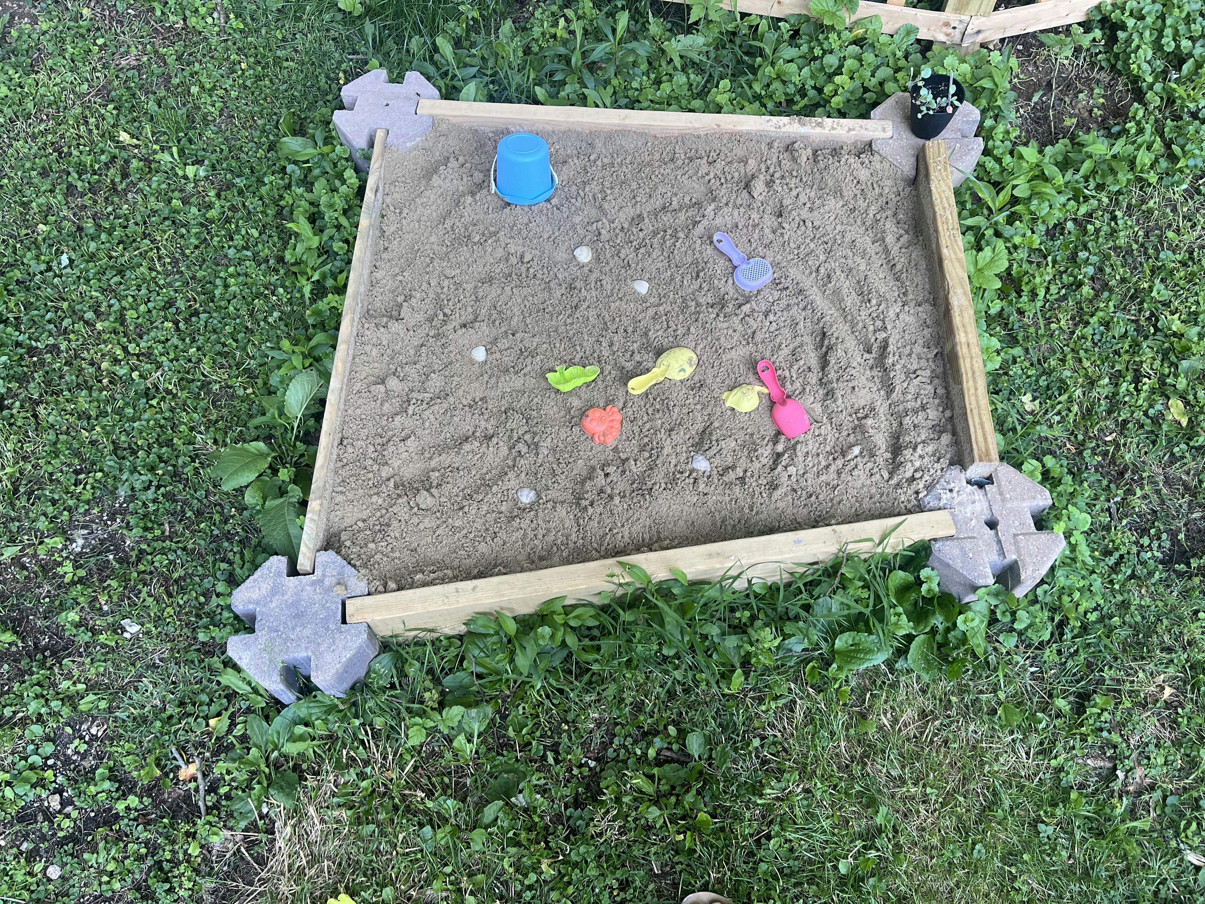 Sandbox with scattered plastic toys in a grassy area