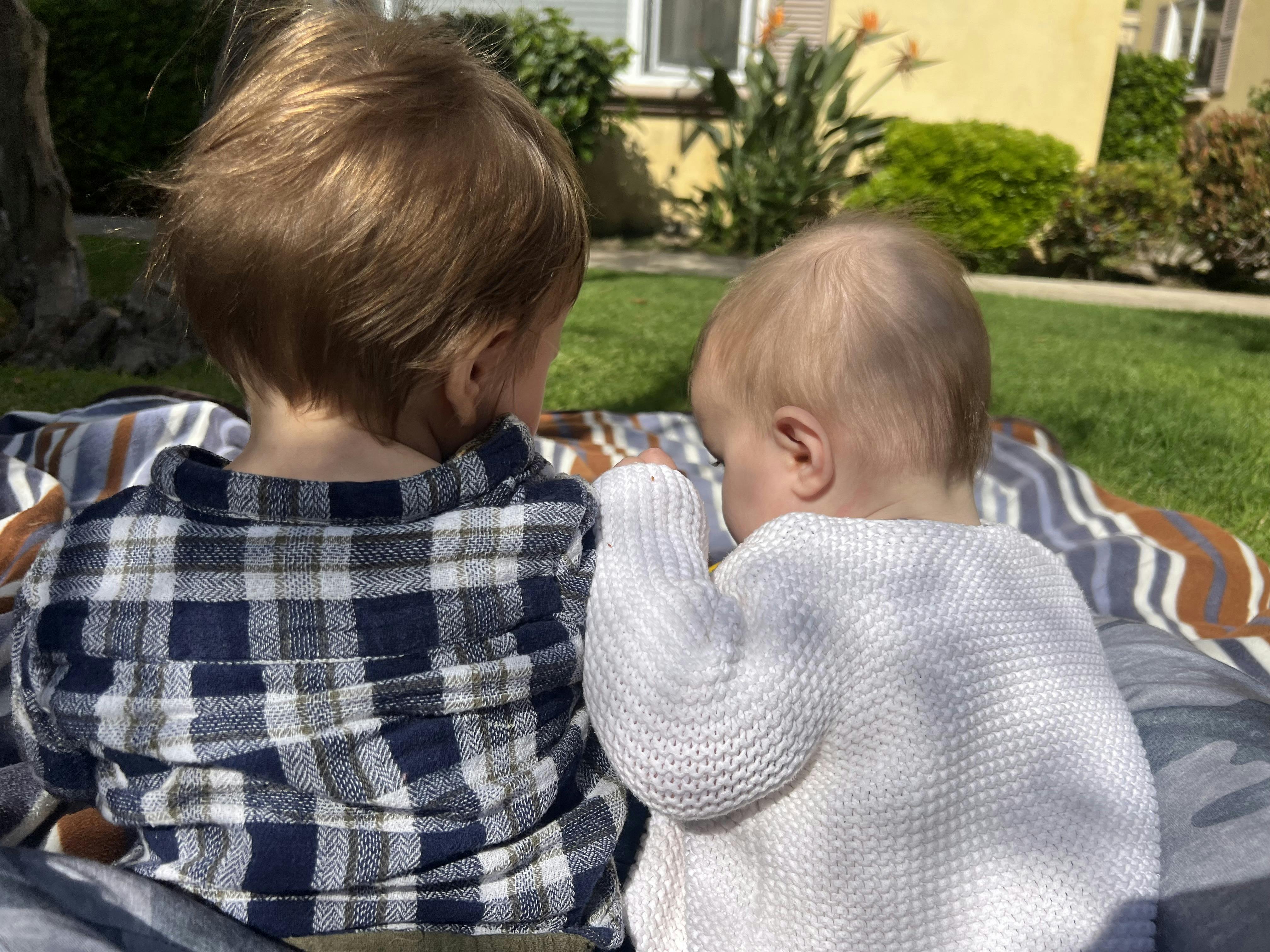 Two children sitting on a blanket on grass, seen from behind
