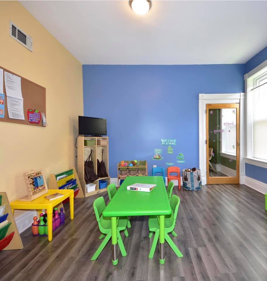 Classroom with green and yellow tables and chairs