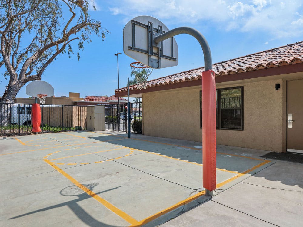 Outdoor basketball court with two hoops and painted lines next to a building