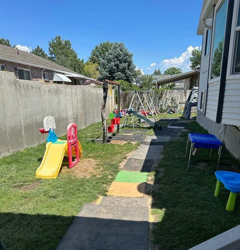 Backyard playground with slides, swings, and a climbing structure