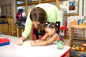 Adult and child drawing at a table
