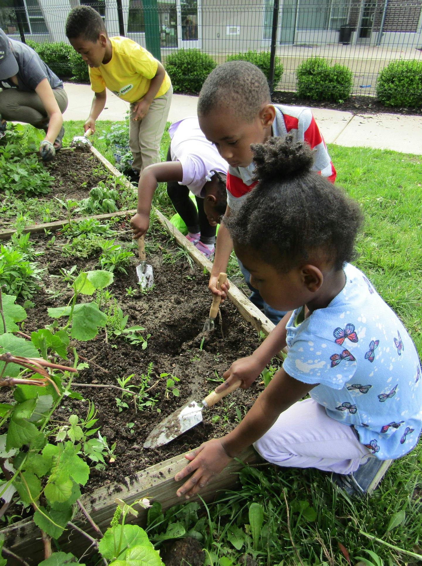 Children and an adult gardening with small shovels