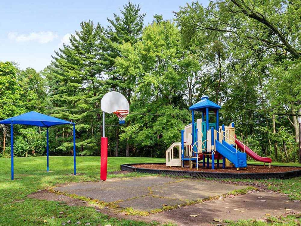 Basketball hoop, blue canopy, and a colorful playground with slides