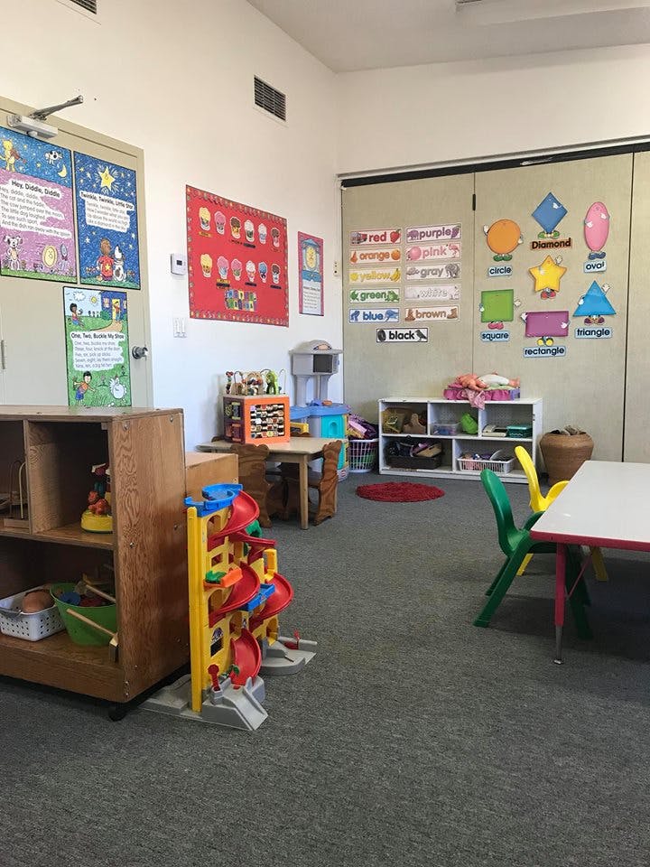 Classroom with colorful posters, shelves, and children's toys