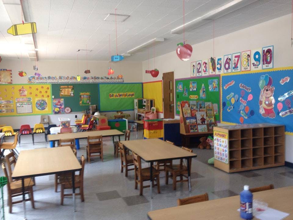 Empty classroom with small tables and chairs