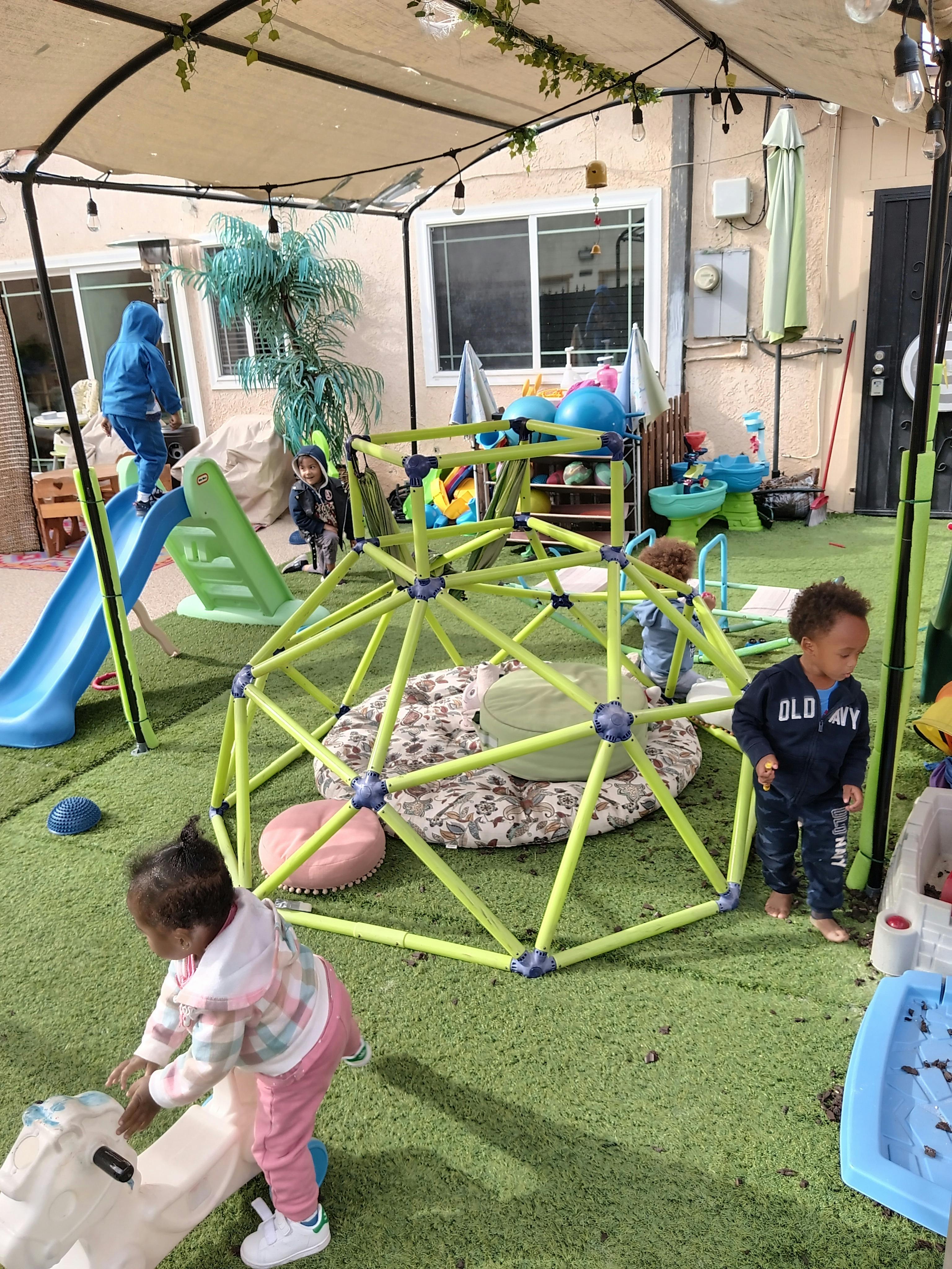 Children playing on a slide and climbing dome in a backyard