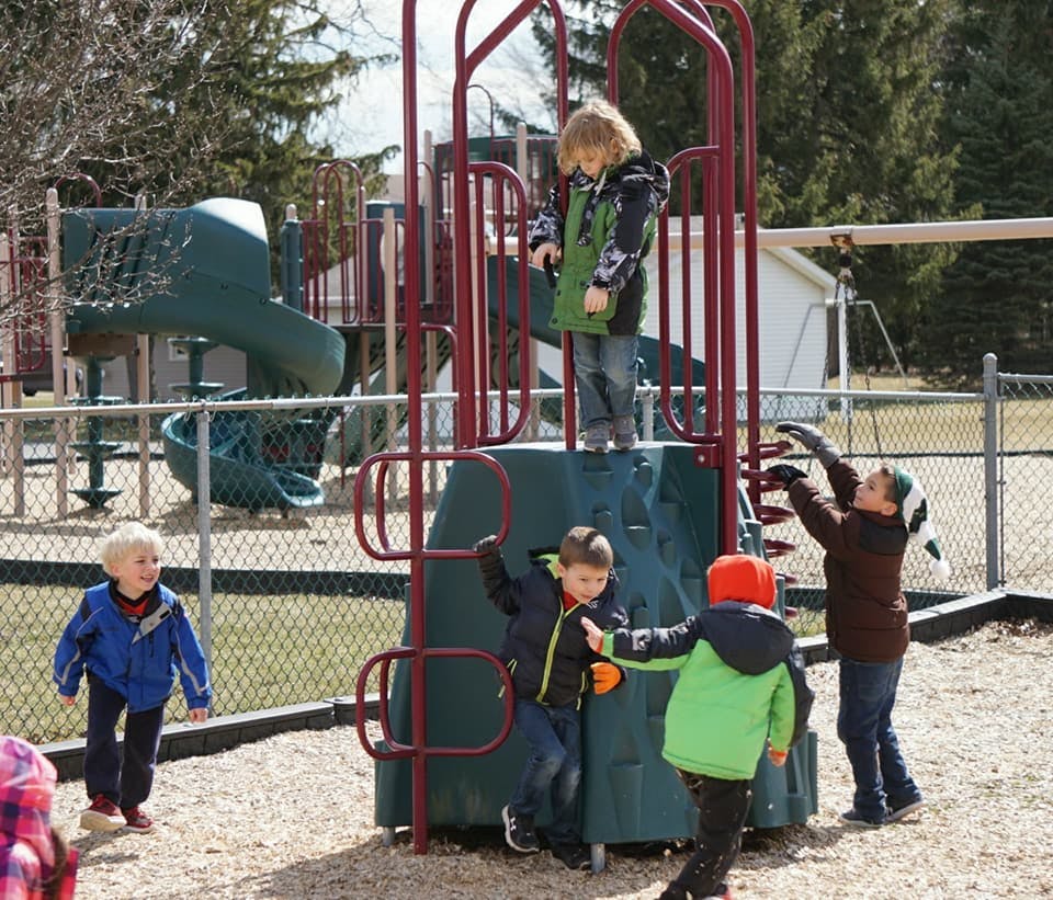 Children playing on a playground structure